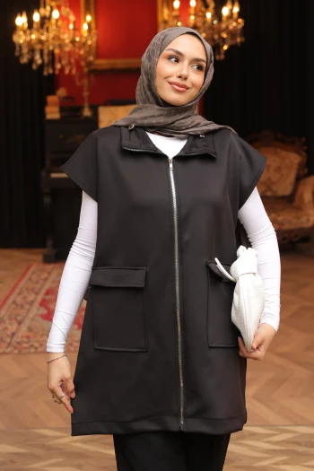 Siyah Yakası Ve Beli Stoper Lastikli Cepli Scuba Yelek