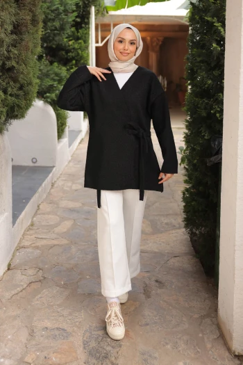 Siyah Yan Bağlamalı Buklet Kimono Ceket