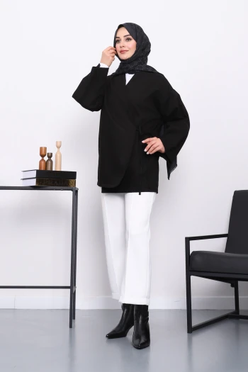 Siyah Yan Bağlamalı Keten Kimono