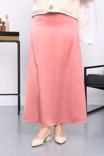 Somon Yan Fermuarlı Saten Kloş Etek