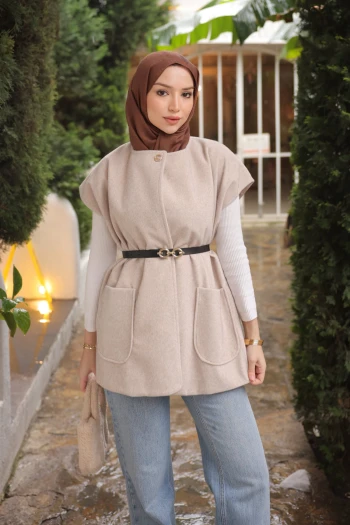 Taş Kemerli Astarlı Kaşe Yelek