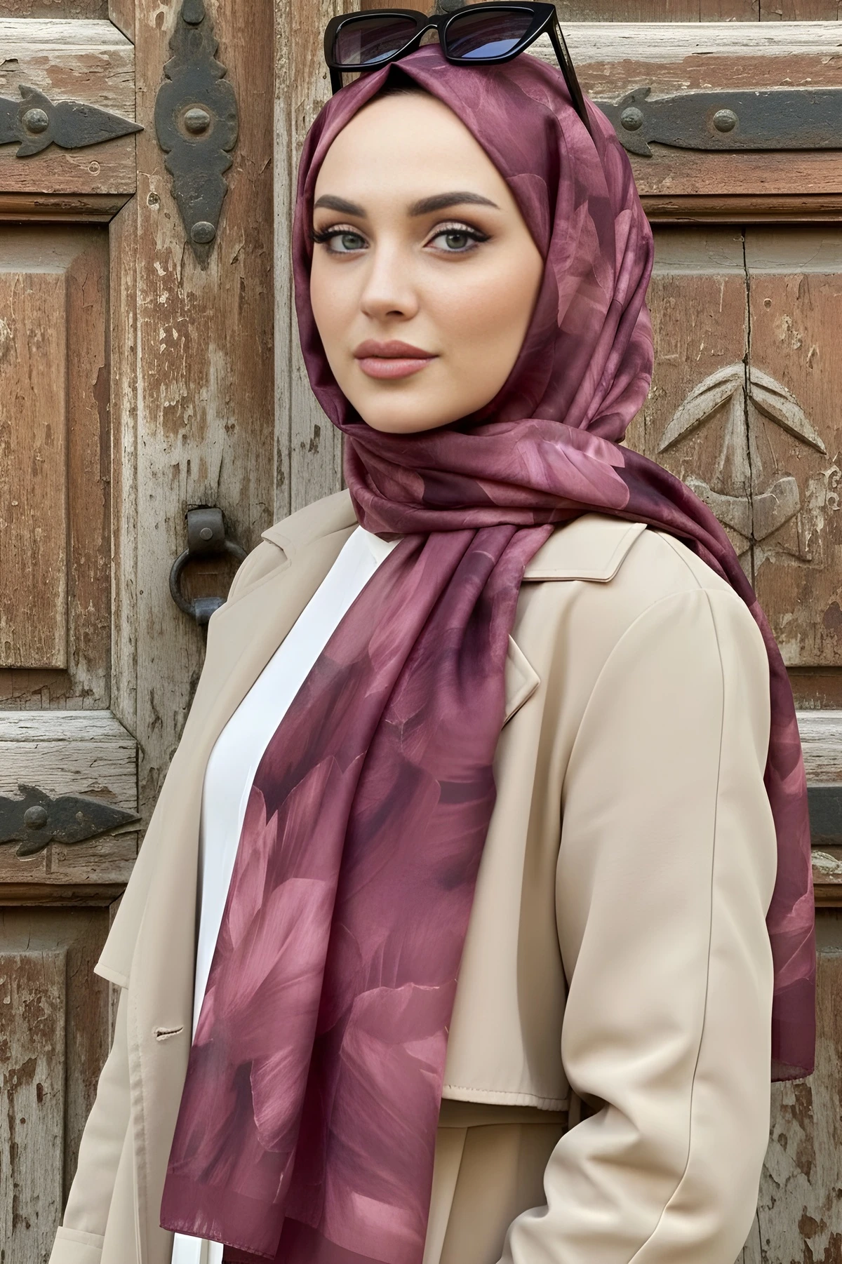 Vişne Desenli Soft Dijital Pamuklu Şal