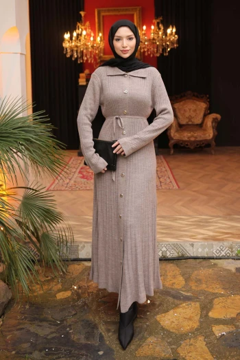 Vizon Düğmeli Triko Elbise