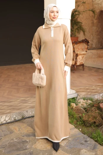 Vizon Gömlek Yaka Fermuarlı Triko Elbise