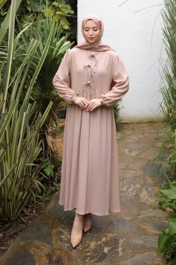 Vizon Kol Lastikli Yaka Bağlamalı Bürümcük Elbise