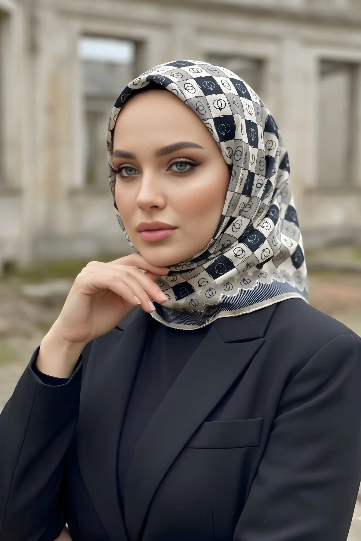 Vizon Siyah İpekhan Soft Dijital Pamuklu Eşarp