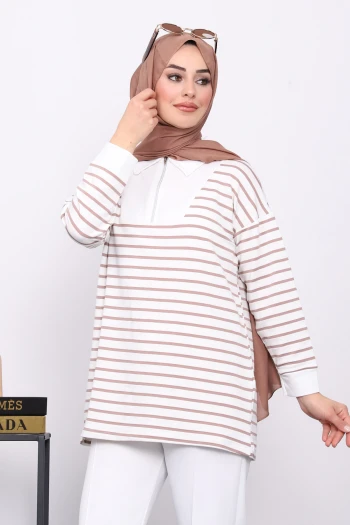 Vizon Yaka Fermuarlı Çizgili İki İplik Sweatshirt