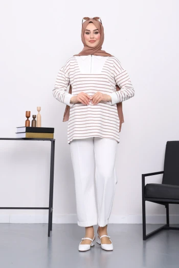 Vizon Yaka Fermuarlı Çizgili İki İplik Sweatshirt