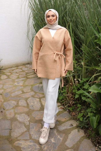 Vizon Yan Bağlamalı Buklet Kimono Ceket