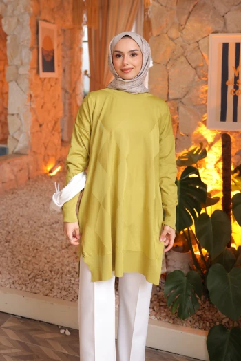 Yağ Yeşili Bisiklet Yaka Soğuk İplik Triko Tunik