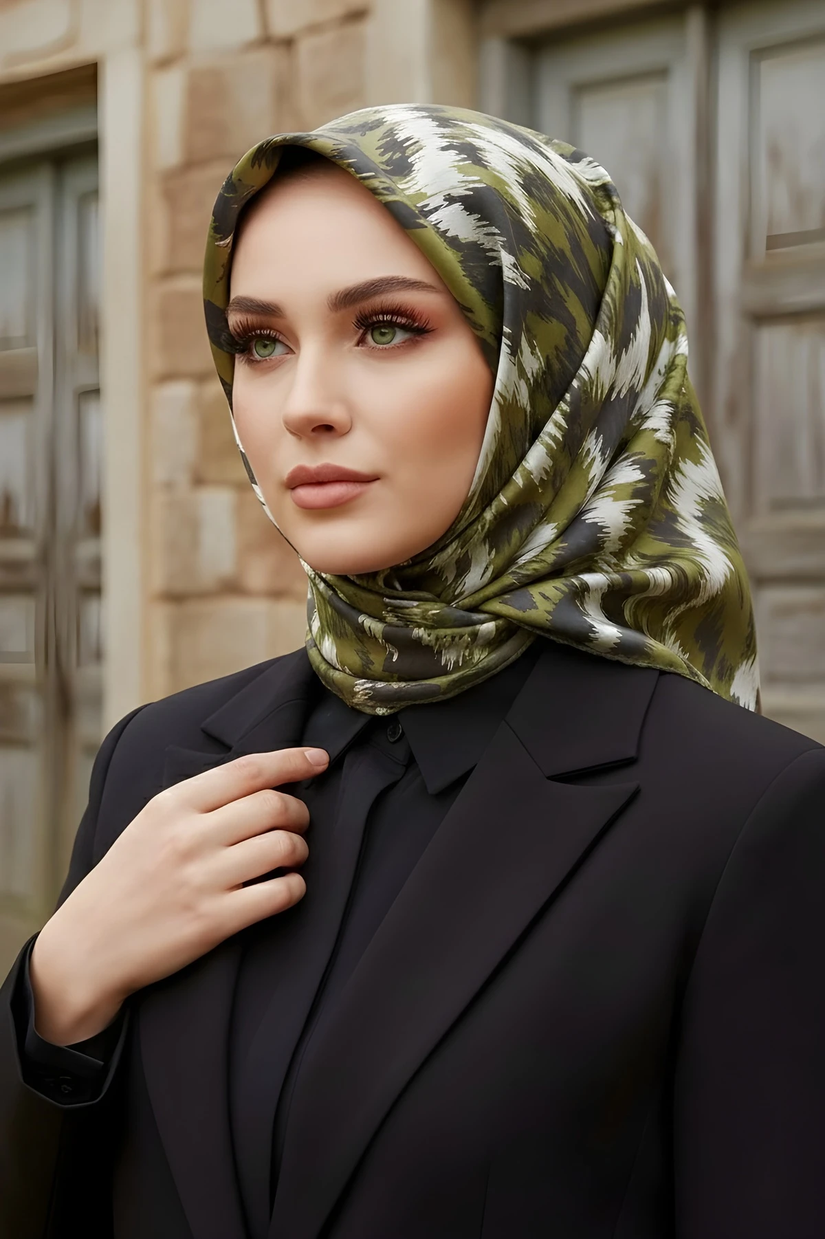 Yağ Yeşili İpekhan Soft Dijital Pamuklu Eşarp