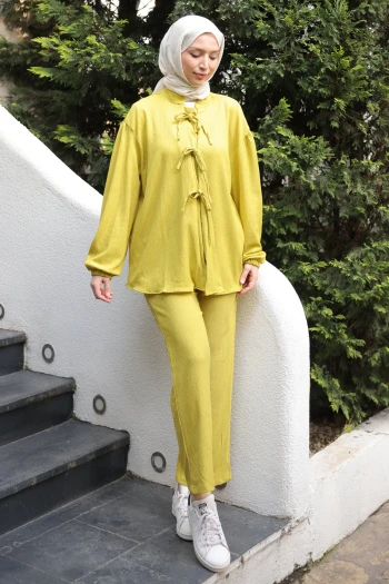 Yağ Yeşili Ön Bağlamalı Bürümcük Kimono Pantolonlu Takım