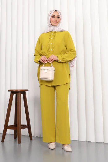 Yağ Yeşili Önü Fırfırlı Tunik Pantolonlu Linda Takım