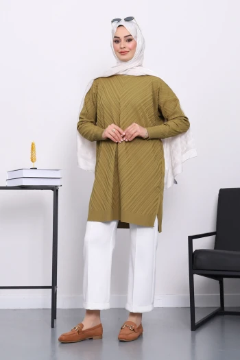 Yağ Yeşili Soğuk İplik Merserize Triko Tunik