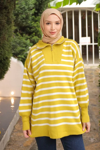 Yağ Yeşili Yaka Fermuarlı Çizgili Triko Kazak