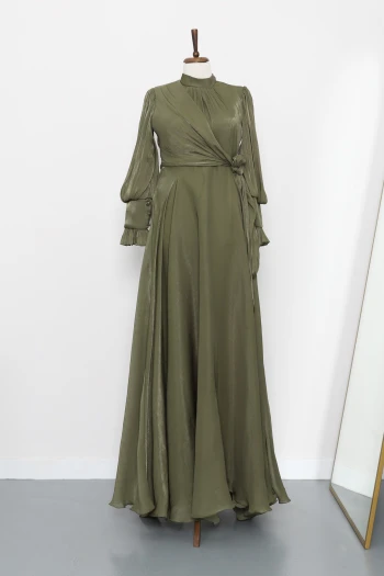 Yağ Yeşili Yandan Bağlamalı Abiye