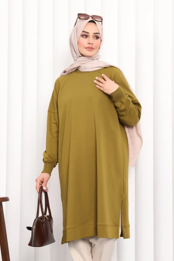 Yağ Yeşili Yanları Yırtmaçlı Modal Tunik