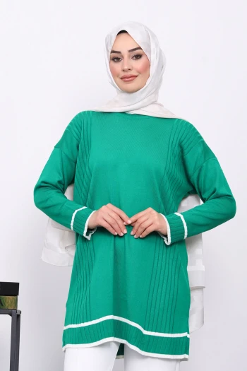 Yeşil Bisiklet Yaka Merserize Salaş Triko Tunik