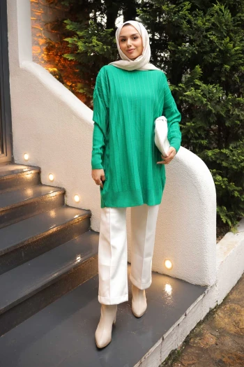 Yeşil Bisiklet Yaka Merserize Salaş Triko Tunik