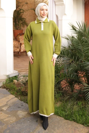 Yeşil Gömlek Yaka Fermuarlı Triko Elbise