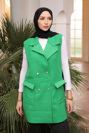 Yeşil Kruvaze Yaka Cepli Buklet Yelek