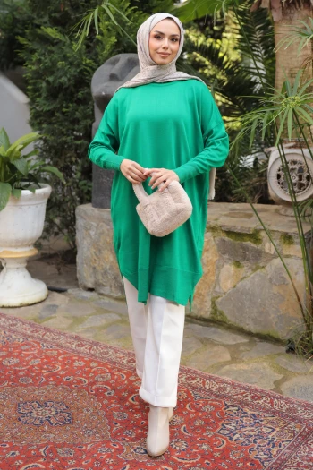 Yeşil Salaş Kalıp Uzun Boy Triko Tunik