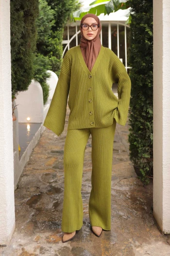 Yeşil Selanik Örme Hırka Pantolonlu Triko Takım