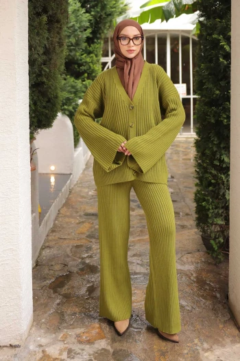 Yeşil Selanik Örme Hırka Pantolonlu Triko Takım