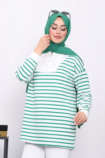 Yeşil Yaka Fermuarlı Çizgili İki İplik Sweatshirt