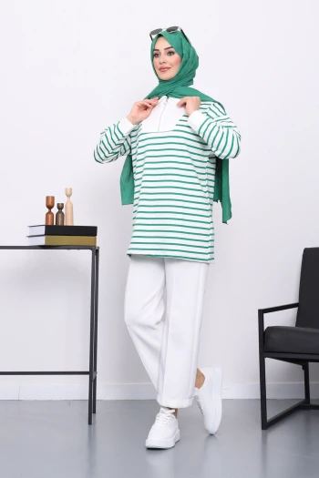 Yeşil Yaka Fermuarlı Çizgili İki İplik Sweatshirt