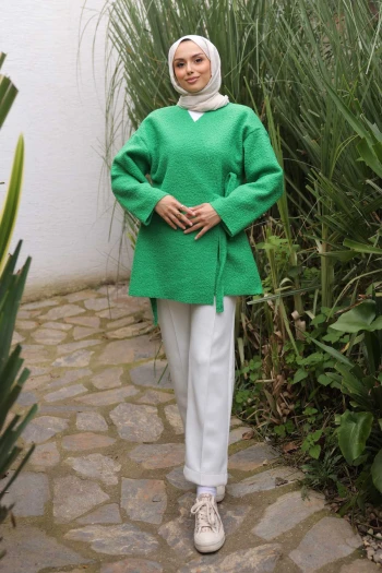 Yeşil Yan Bağlamalı Buklet Kimono Ceket