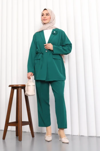 Zümrüt Yeşili Bronşlu Kravuze Yaka Ceket Pantolon Takım