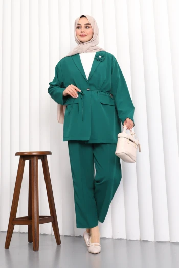 Zümrüt Yeşili Bronşlu Kravuze Yaka Ceket Pantolon Takım