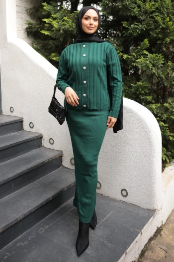 Zümrüt Yeşili Crop Hırka Triko Elbise İkili Kombin