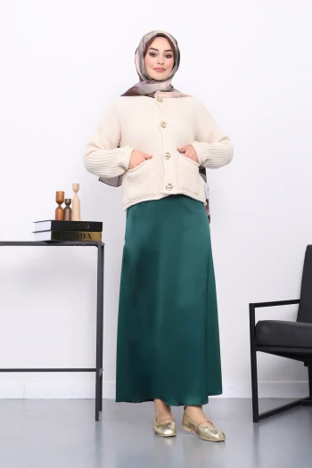 Zümrüt Yeşili Yan Fermuarlı Saten Kloş Etek