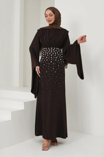 Acı Kahve Önü Drapeli Taş İşlemeli Abiye