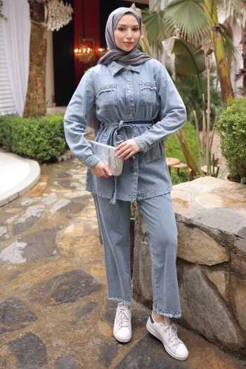 Açık Mavi Taşlı İncili Püsküllü Kot Takım