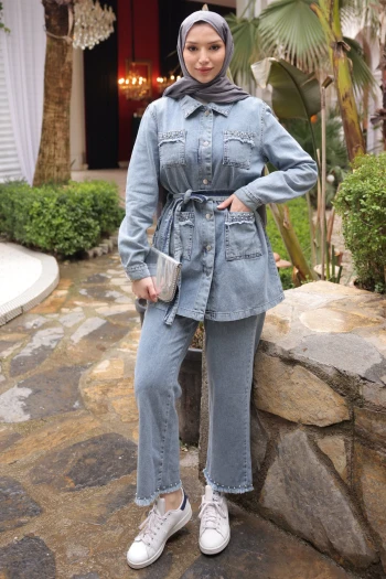 Açık Mavi Taşlı İncili Püsküllü Kot Takım