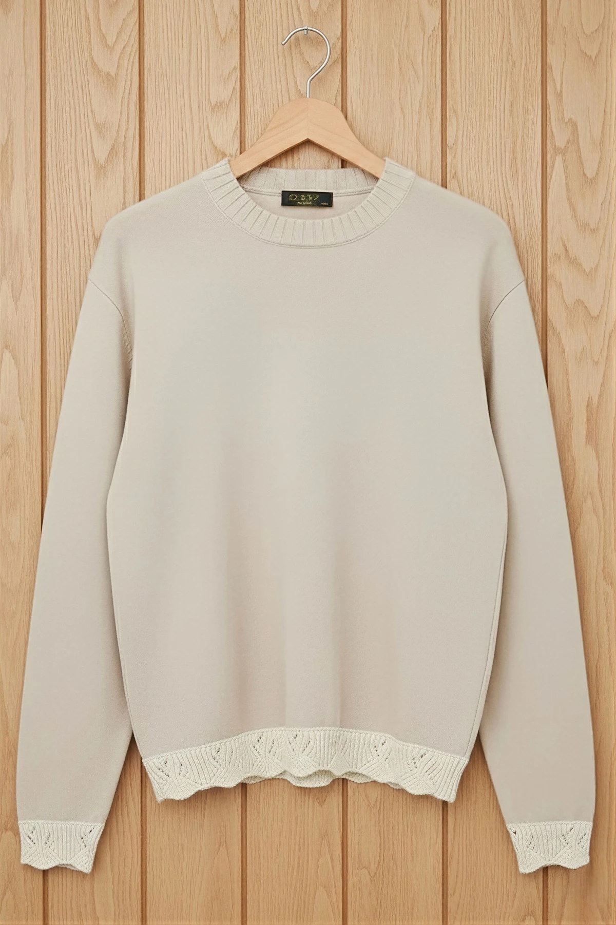 Antrasit Bisiklet Yaka Kol Ve Etek Ucu Güpür Detaylı Triko Kazak