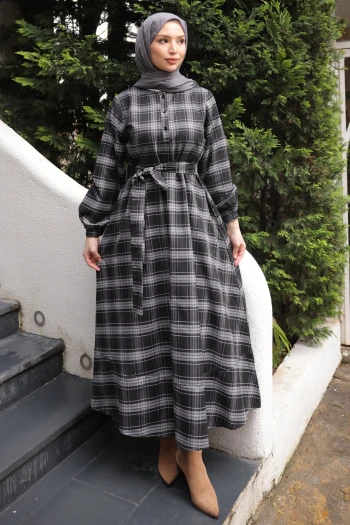 Antrasit Kuşaklı Önü Düğmeli Uzun Ekose Elbise