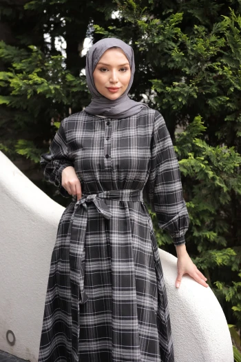 Antrasit Kuşaklı Önü Düğmeli Uzun Ekose Elbise