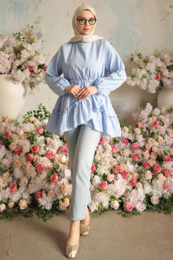 Bebe Mavi Eteği Katlı Fırfırlı Tunik