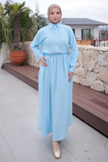 Bebe Mavi Ön Kısa Arka Uzun Gömlek Etek Bürümcük Takım