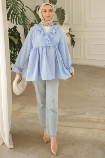 Bebe Mavi Yaka Fırfırlı Yan Bağlamalı Kol Lastikli Tunik