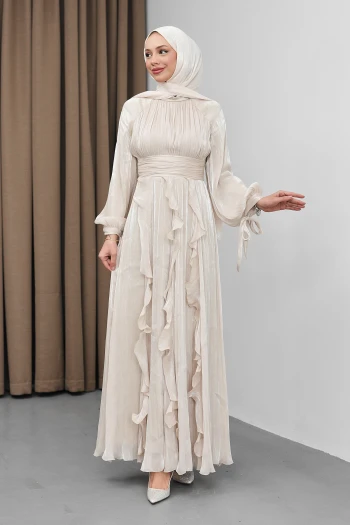 Bej Önü Drapeli Kol Bağlamalı Abiye