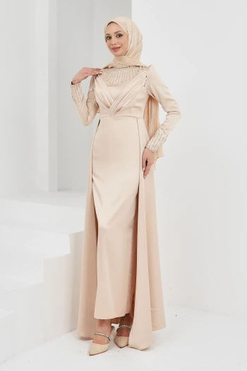 Bej Önü Taşlı Saten Abiye