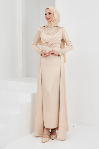 Bej Önü Taşlı Saten Abiye