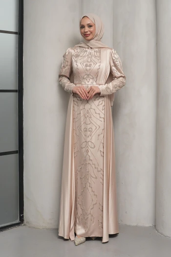 Bej Önü Taşlı Saten Abiye