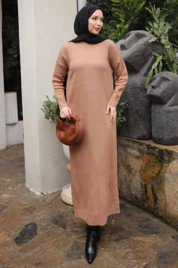 Bisküvi Dik Yaka Fitilli Triko Elbise