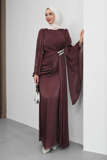 Bordo Bel Taşlı Şifon Abiye